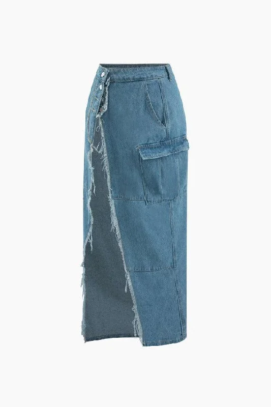 Flap Pocket Frayed Denim Slit Skirt cashmere skirt rich