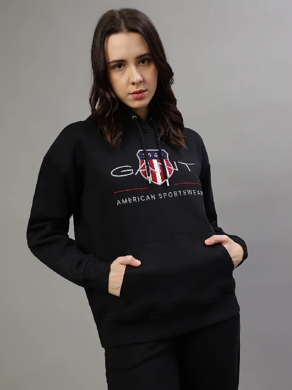 Gant Women Embroidered Hooded Full Sleeves Sweatshirt Hoodie with Print Artistic Unique