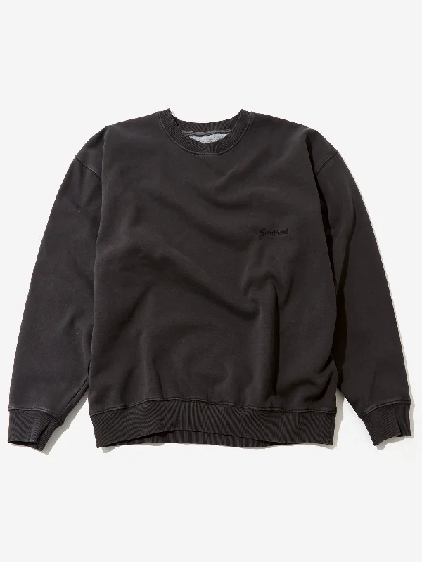Goodhood Worldwide Script Sweatshirt - Washed Black Hoodie with Cropped Fit Short Trendy Goodhood Worldwide Script Sweatshirt - Washed Black Hoodie with Cropped Fit Short Trendy