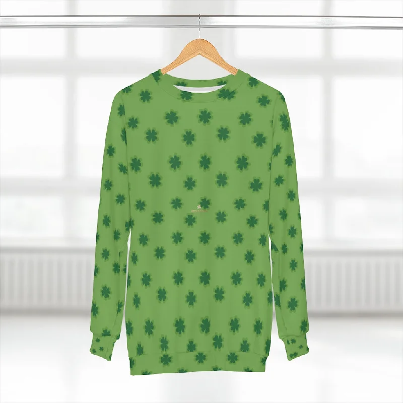 Green St. Patty's Day Sweatshirt, Green St. Patrick's Day Green Clover Leaf Print Unisex Sweatshirt Top Outfit - Made in USA Hoodie with Set-In Sleeves Structured Classic
