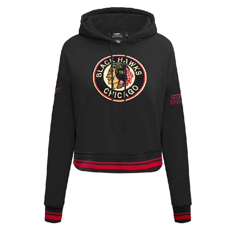 NHL CHICAGO BLACKHAWKS RETRO CLASSIC WOMEN'S RIB CROPPED PO HOODIE (BLACK/RED/BLACK) Hoodie with Hidden Zipper Minimalist Clean NHL CHICAGO BLACKHAWKS RETRO CLASSIC WOMEN'S RIB CROPPED PO HOODIE (BLACK/RED/BLACK) Hoodie with Hidden Zipper Minimalist Clean