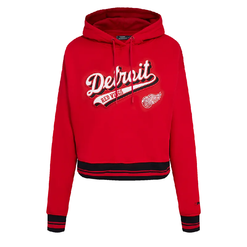 NHL DETROIT RED WINGS SCRIPT TAIL WOMEN'S RIB FLC CROPPED PO HOODIE (RED/BLACK) Hoodie with Ribbed Hem Stretchable Secure NHL DETROIT RED WINGS SCRIPT TAIL WOMEN'S RIB FLC CROPPED PO HOODIE (RED/BLACK) Hoodie with Ribbed Hem Stretchable Secure