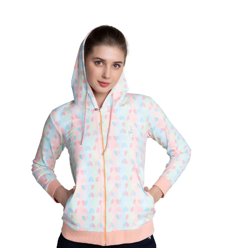 Heart Printed Full Sleeves Zipper Hoodie Sweatshirt For Women Hoodie with Puffed Sleeves Voluminous Trendy