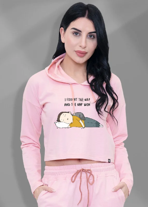 I Faught Nap Time Millenial Pink Cropped Hoodie For Women | Pronk Hoodie with Hem Fringe Bohemian Relaxed
