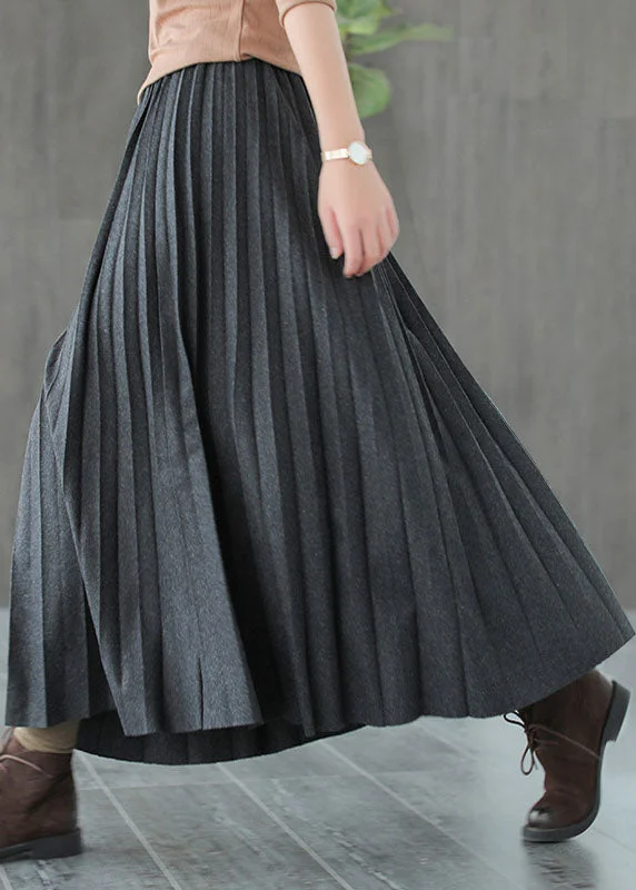 Italian Grey Black Casual Woolen Pleated Fall Skirts flowy skirt hem