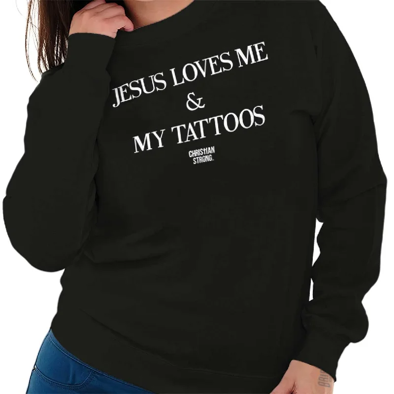 Jesus Loves My Tattoo Crewneck Sweatshirt Hoodie with Drawcord Adjustable Secure