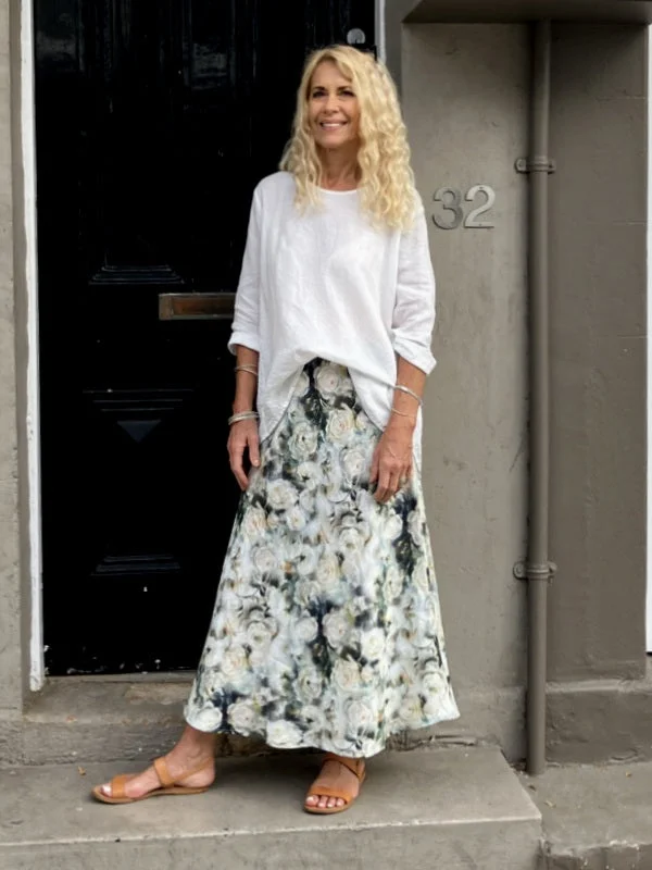 Jiva Midi Linen Prudence Skirt- White Rose Print silk skirt elegant