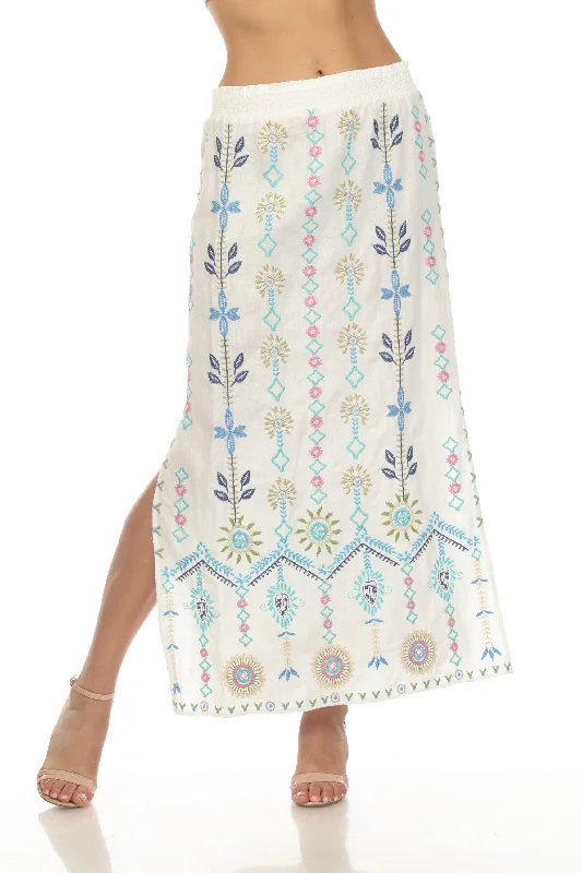 Johnny Was JWLA White Oriel High Slit Linen Embroidered Maxi Skirt Boho Chic J71623 velvet skirt plush