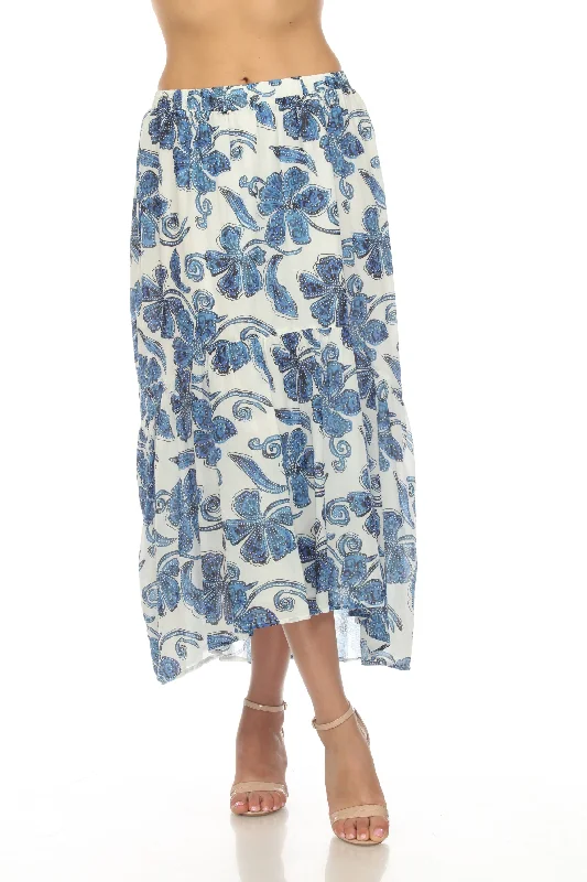 Johnny Was Workshop White/Blue Azura Floral Tiered Midi Skirt Boho Chic W71423 corduroy skirt comfortable