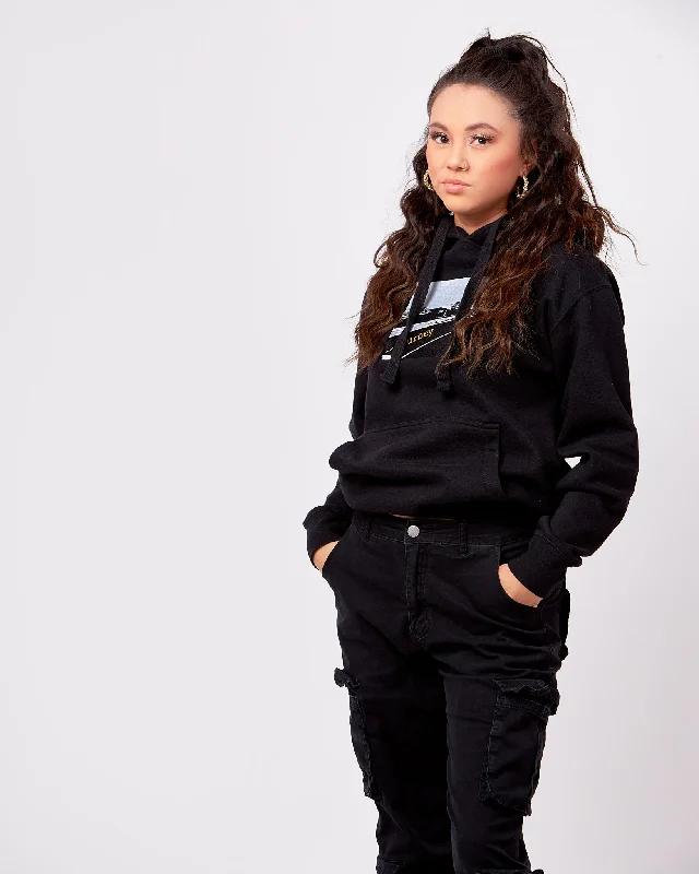 Journey 1 Box Embroidered Black Hoodie Hoodie with Distressed Vintage Worn