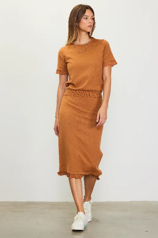 Knit Midi Ruffle Detail Skirt leather skirt sleek