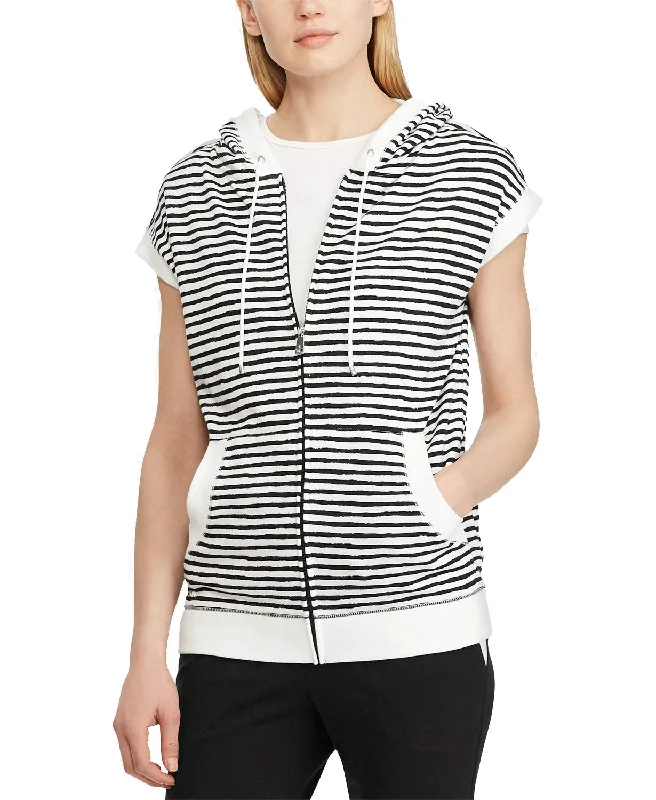 Lauren Ralph Lauren Stripe Print Short Sleeve Cotton Hoodie Hoodie with Hem Drawcord Adjustable Customizable Lauren Ralph Lauren Stripe Print Short Sleeve Cotton Hoodie Hoodie with Hem Drawcord Adjustable Customizable