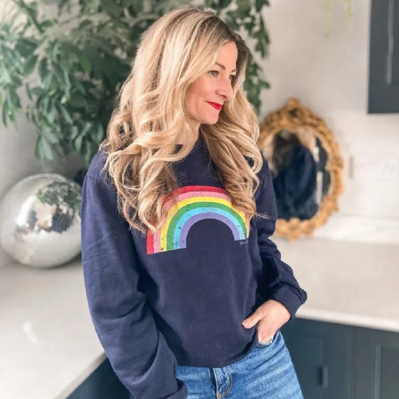 Navy Rainbow Sweatshirt Hoodie with Hem Embroidery Detailed Premium