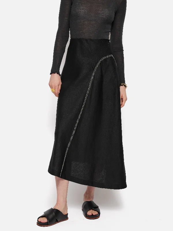 Linen Bias Cut Midi Skirt | Black ruffled skirt detail