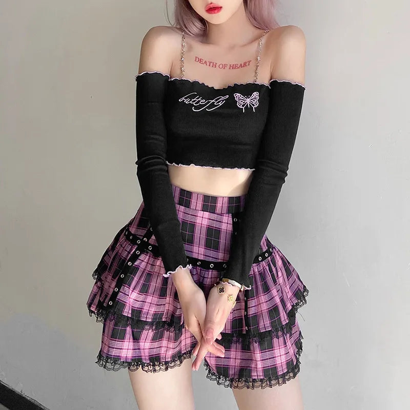 Lolita Cake Gothic Japanese Harajuku Purple Pink Plaid Pleated Skirt wool skirt sturdy