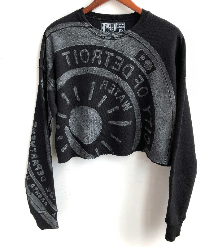 Manhole Cover Print Cropped Black Crew Neck Women's Sweatshirt, Spirit of Detroit. Hoodie with Drawcord Adjustable Secure Manhole Cover Print Cropped Black Crew Neck Women's Sweatshirt, Spirit of Detroit. Hoodie with Drawcord Adjustable Secure