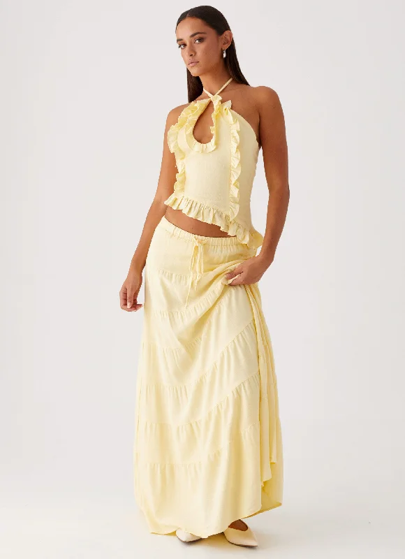 Mariella Linen Maxi Skirt - Yellow lace skirt romantic