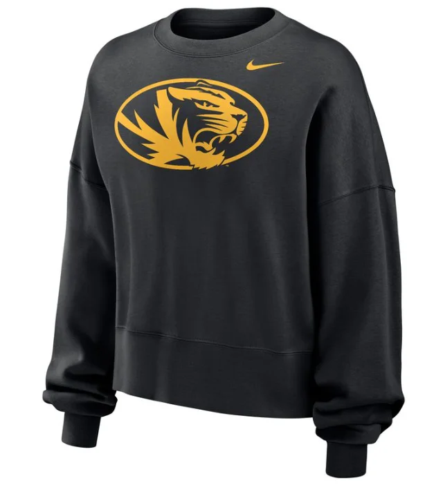 Mizzou Tigers Nike® 2024 Women's Oval Tiger Head Phoenix Oversized Black Sweatshirt Hoodie with Ribbed Neckline Snug Warm