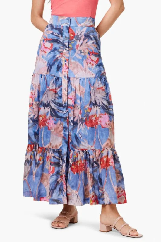 NIC+ZOE Blue/Multi Dreamscape Tiered Button Front Maxi Skirt S241702 lace skirt intricate