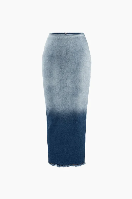 Ombre Frayed Slit Denim Maxi Skirt lace skirt intricate