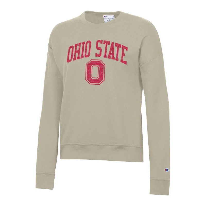 Ladies Ohio State Buckeyes Powerblend® Wordmark Cocoa Butter Crew Sweatshirt Hoodie with Pattern Geometric Abstract Ladies Ohio State Buckeyes Powerblend® Wordmark Cocoa Butter Crew Sweatshirt Hoodie with Pattern Geometric Abstract