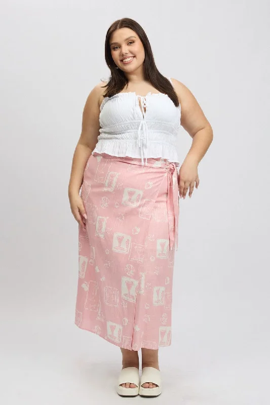 Pink Abstract Faux Wrap Linen Blend Midi Skirt summer skirt style