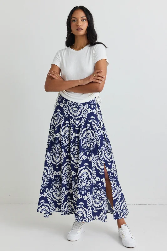 Pisces Navy Tile Print Tiered Split Front Maxi Skirt spandex blend skirt