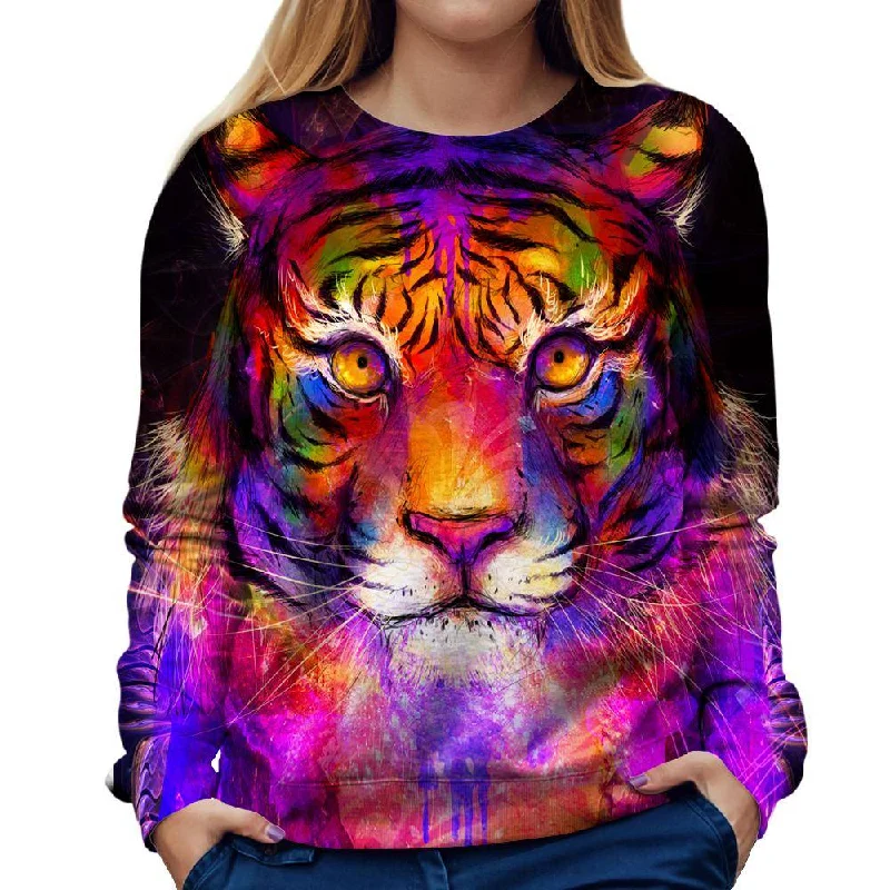 Psychedelic Tiger Womens Sweatshirt Hoodie with Hem Frayed Vintage Worn