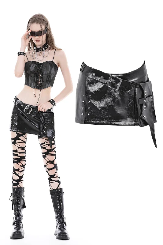 Punk shiny PU pointed nail mini skirt KW326 button skirt front