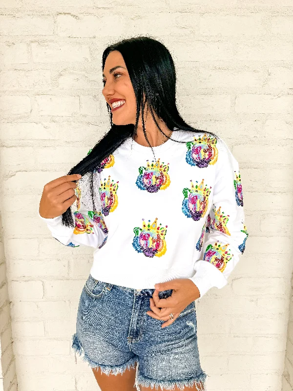 Queen Of Sparkles White With Rainbow Crowned Tigers Sweatshirt Hoodie with Puffed Sleeves Voluminous Trendy Queen Of Sparkles White With Rainbow Crowned Tigers Sweatshirt Hoodie with Puffed Sleeves Voluminous Trendy