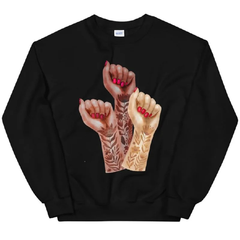 Raised Feminist Watercolor Tattoo Fists -- Sweatshirt Hoodie with Front Slit Layering Stylish