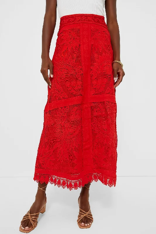 Red Toucan Guipure Midi Skirt linen skirt breathable