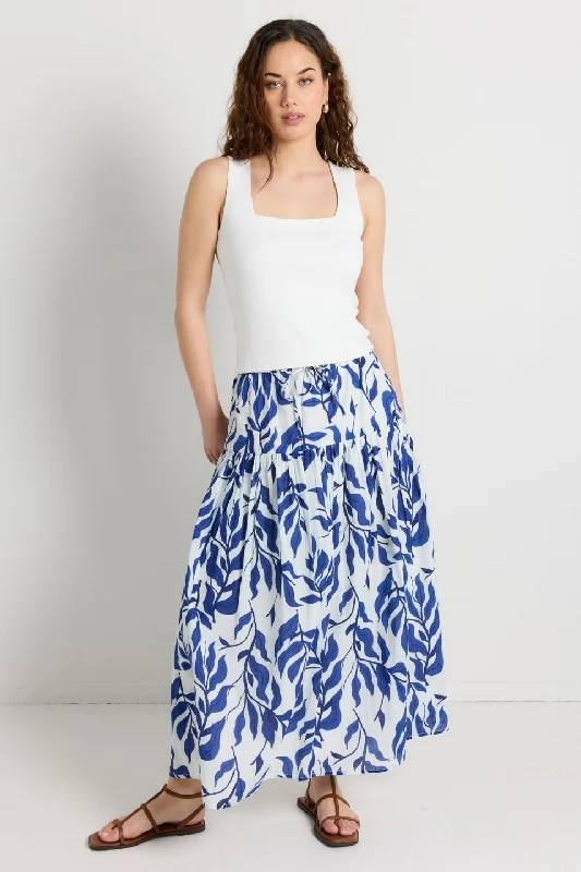 Remedy Blue Leaves Print Tie Waist Tiered Maxi Skirt silk skirt lustrous