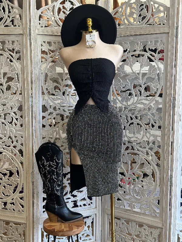 Rhinestone High Slit Skirt-Estira , Stretchy silk skirt lustrous