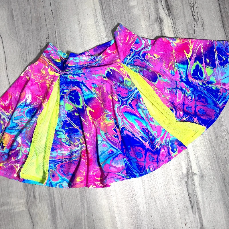 SALE - MEDIUM 18" Pleated Skater Skirt - Rainbow Vapor satin skirt smooth