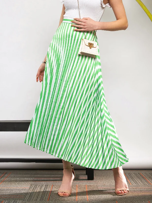 Women Green & White Satin Striped Accordion Pleated Maxi Skirt silk skirt elegant