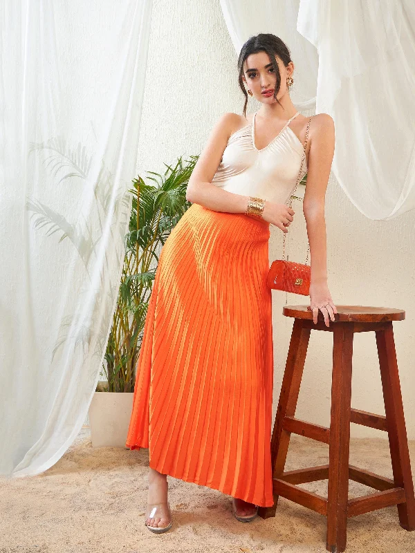 Women Orange Satin Accordion Pleated Maxi Skirt slim fit skirt