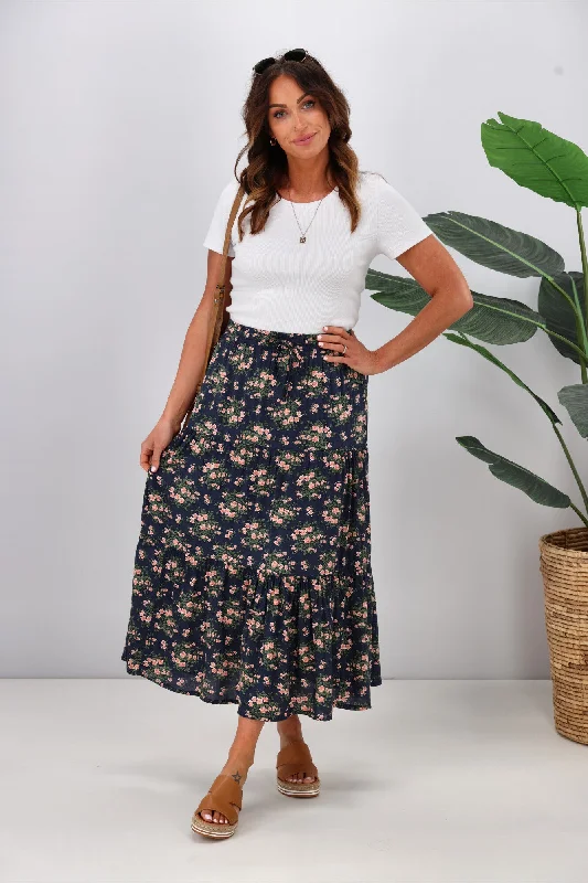 Shine On Label Vega Tiered Maxi Skirt Midnight Ditsy corduroy skirt cozy