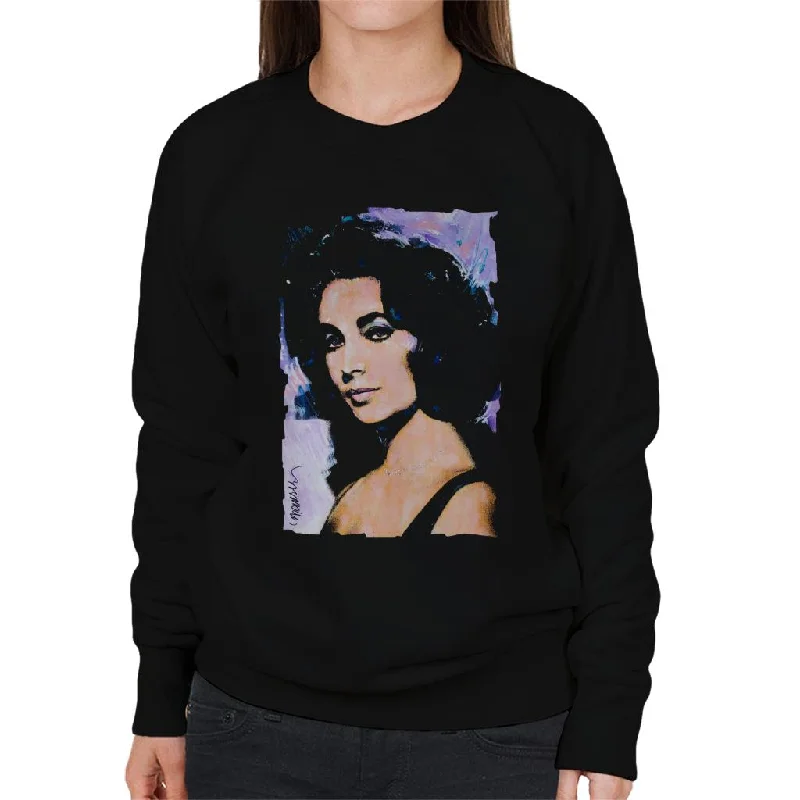 Sidney Maurer Original Portrait Of Actress Elizabeth Taylor Women's Sweatshirt Hoodie with Camouflage Military Edgy