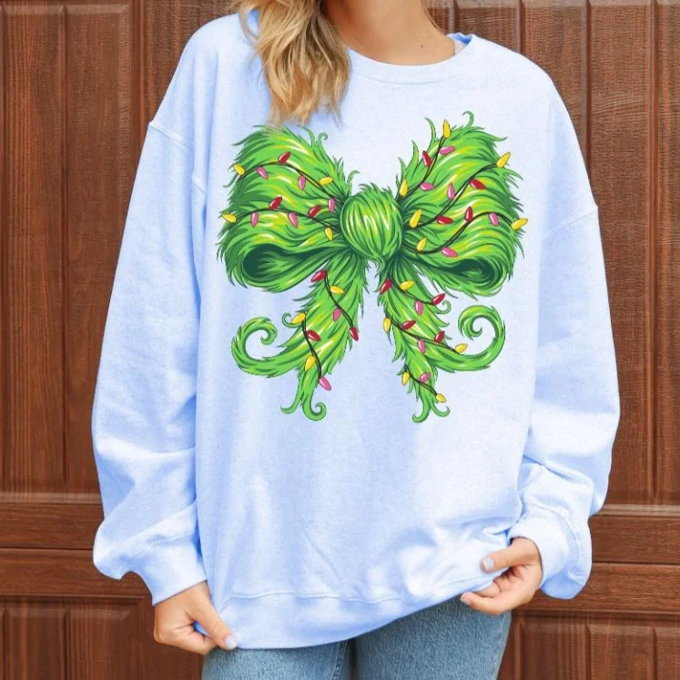 Simply Southern Green Fuzzy Bow Holiday Christmas Crew Sweatshirt Hoodie with Bell Sleeves Flared Feminine