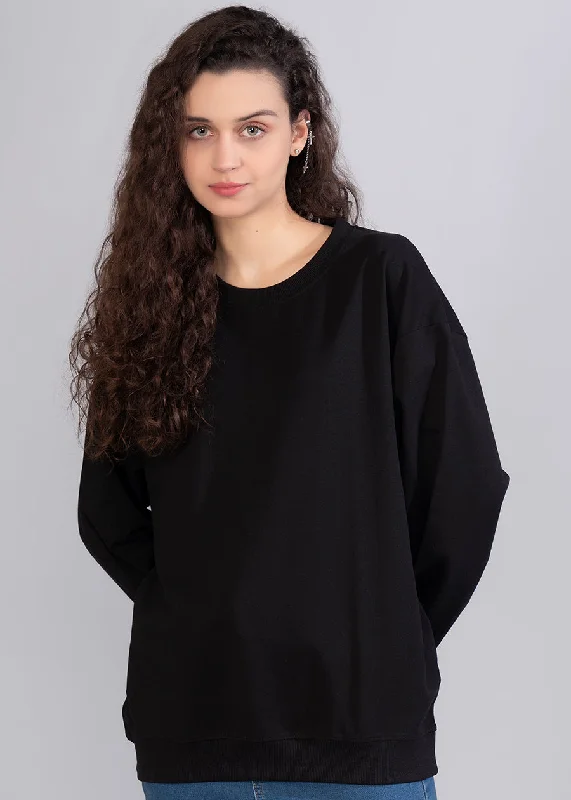 Solid Black Women Drop Shoulder Sweatshirt | Pronk Hoodie with Longline Fit Extended Stylish