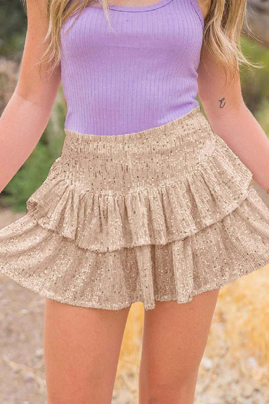 BerryBetty - Solid Sequined Pleated Tiered Mini Skirt belted skirt waist