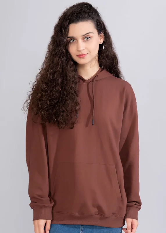 Solid Cocoa Womens Drop Shoulder Terry Hoodie |Pronk Hoodie with Crew Neck Simple Timeless