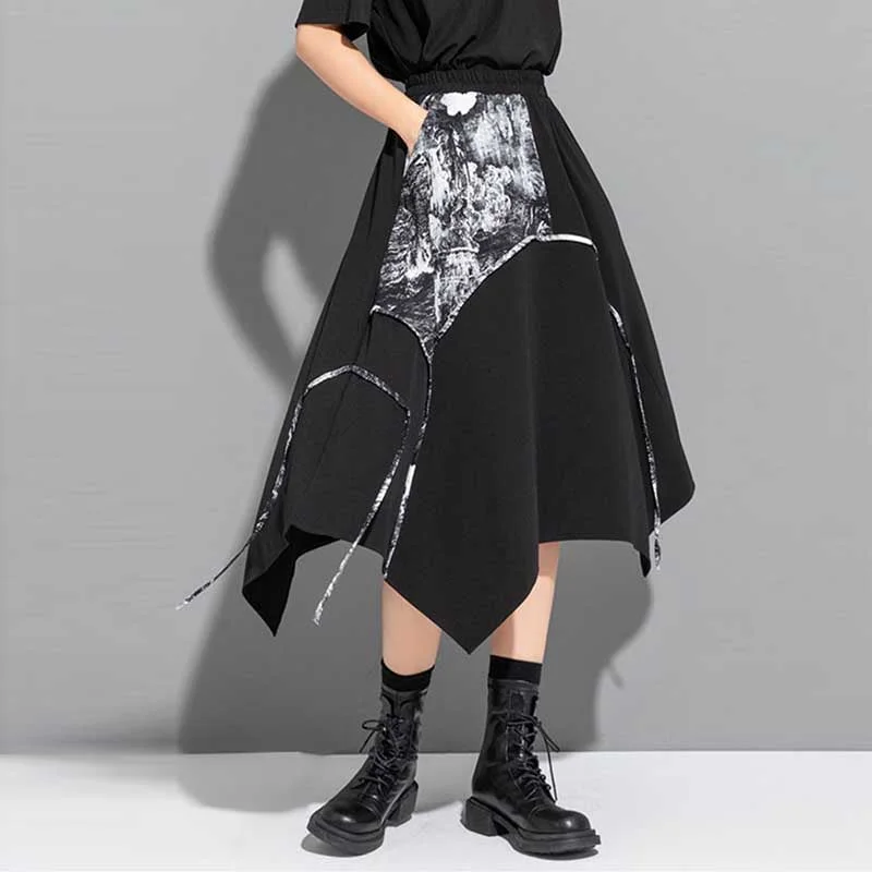 Spliced Irregular Print Skirt linen skirt natural