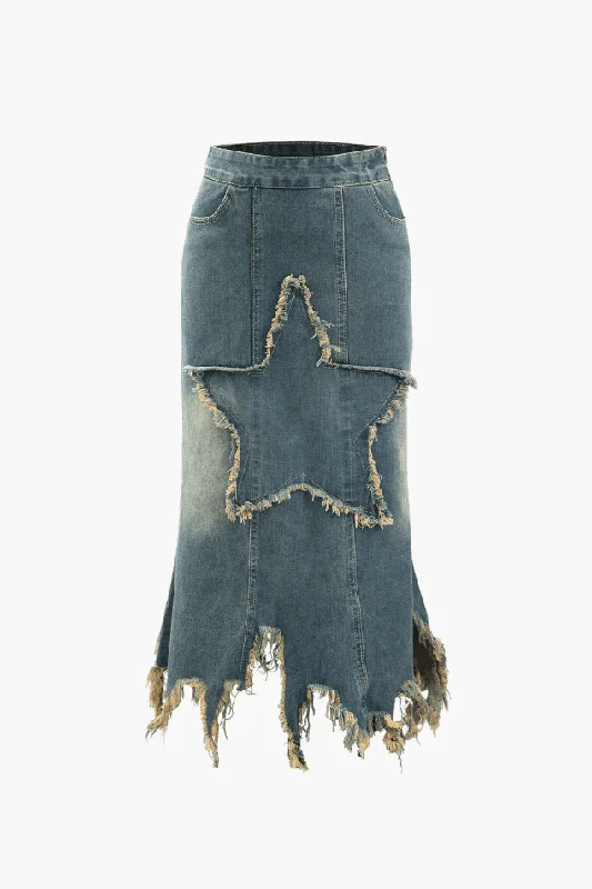 Star Patchwork Frayed Denim Skirt denim skirt classic