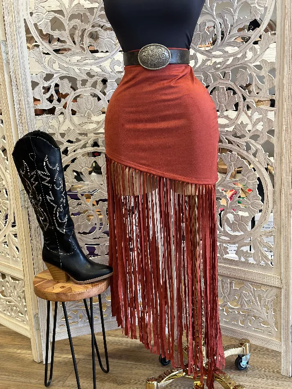 Suede Brick Fringe Skirt-Estira , Stretchy wool skirt breathable