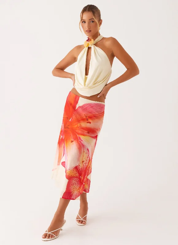 Summertime Midi Skirt - Yellow Floral linen skirt natural