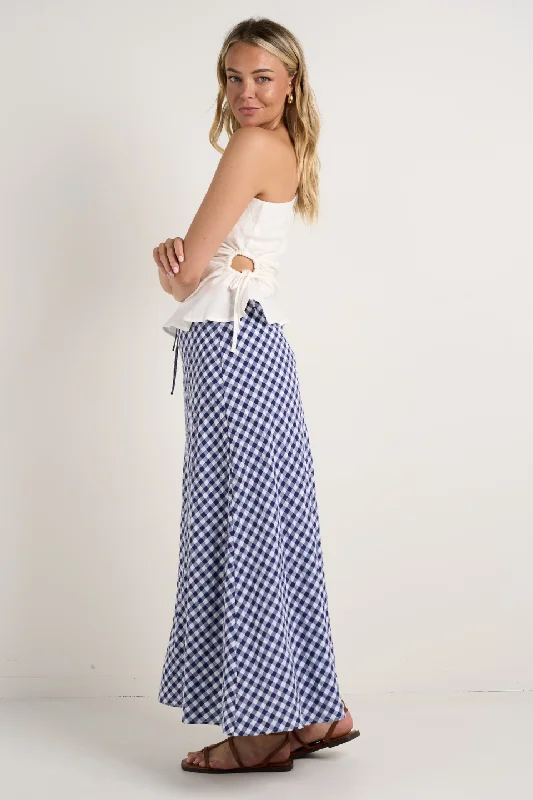 Summit Navy Gingham Tie Waist Bias Maxi Skirt silk skirt lustrous