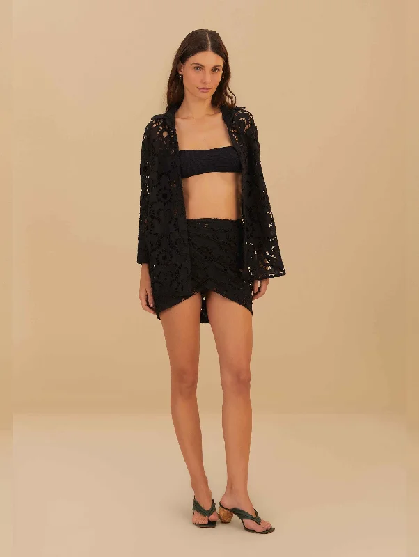 Sun Eyelet Mini Skirt in Black wool skirt thick