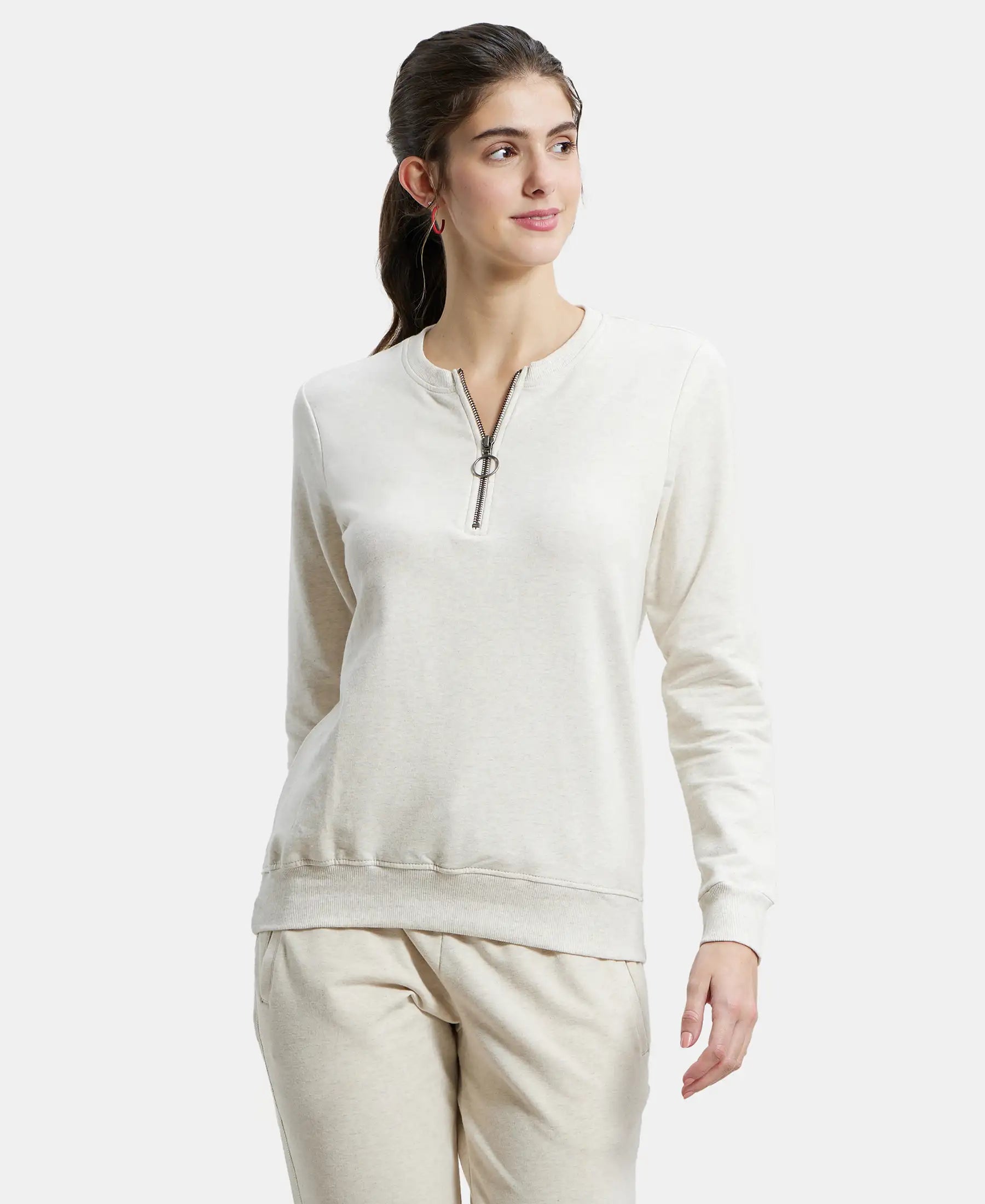 Super Combed Cotton Elastane Stretch Melange Sweatshirt with Round Neck Half Zip - Cream Melange Hoodie with Back Slit Movement Comfort